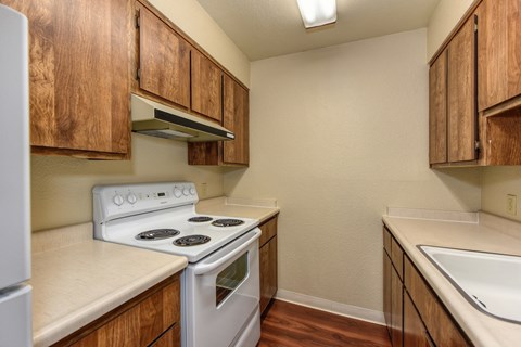 Kitchen with Hardwood Inspired Floors, Oven, Stove, Wood Cabinets and Sink Countertop